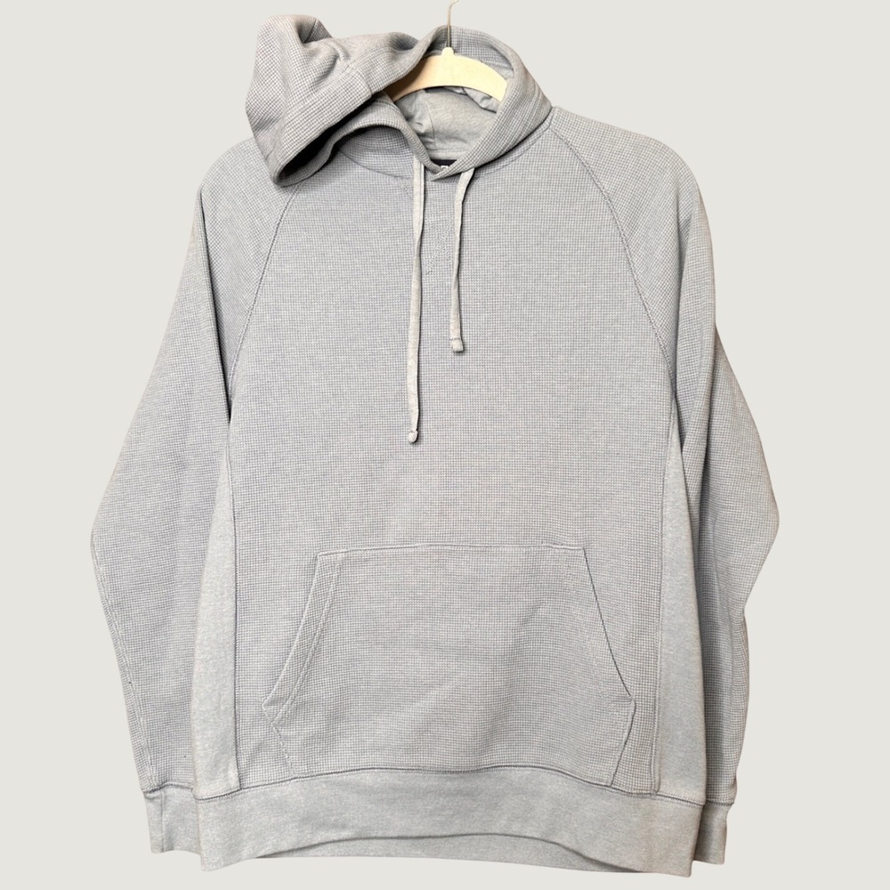 Lands End Mens Small Blue Waffle Knit Thermal Pullover Hoodie Raglan Sleeve